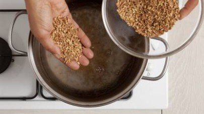 Cuocete il farro in abbondante acqua salata, poi mettetelo in una ciotola, mescolatelo con un cucchiaio di legno e lasciandolo raffreddare.